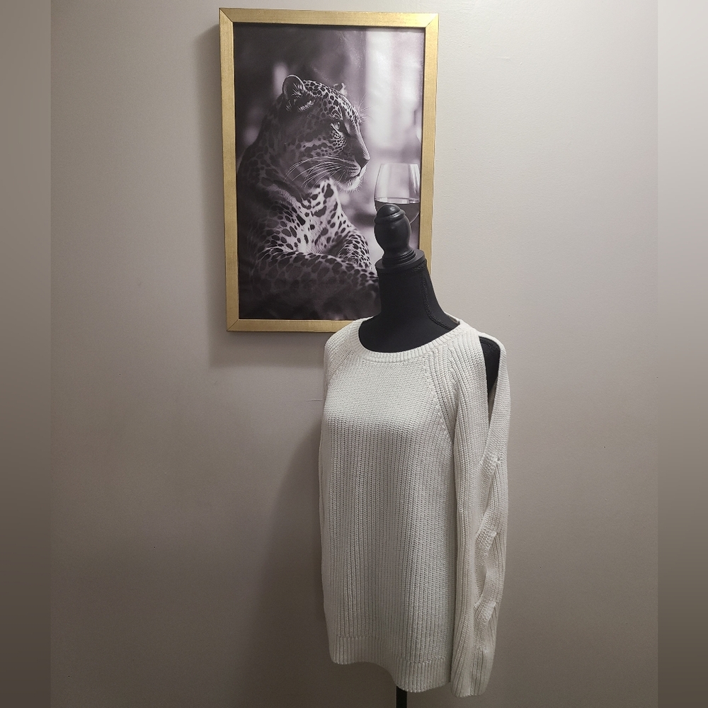 LOFT Ivory Cold Shoulder with Criss-Cross Open Sleeve Sweater Size Medium